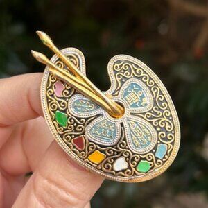 DAMASCENE TOLEDO SPAIN Painter Palette Enamel BROOCH